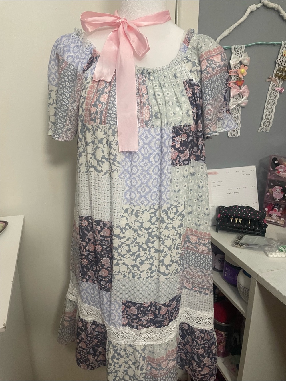 NAIF Patchwork Midi Dress with Pink Ribbon Detail